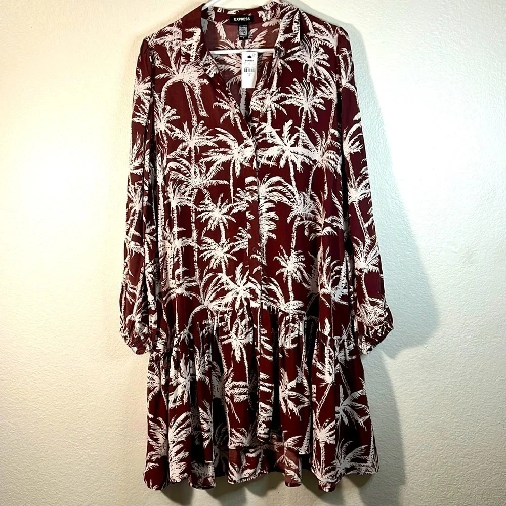 Express Printed Ruffle Hem Oversized Shirt Dress - Picture 4 of 9